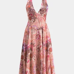 Retro Print Backless Zipper Midi Dress