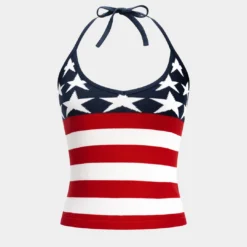 Knit Contrast Halter Neck Tie-Up Tank Top