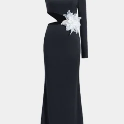 3D Floral Bead Ruched One Shoulder Zipper Long Sleeve Maxi Dress