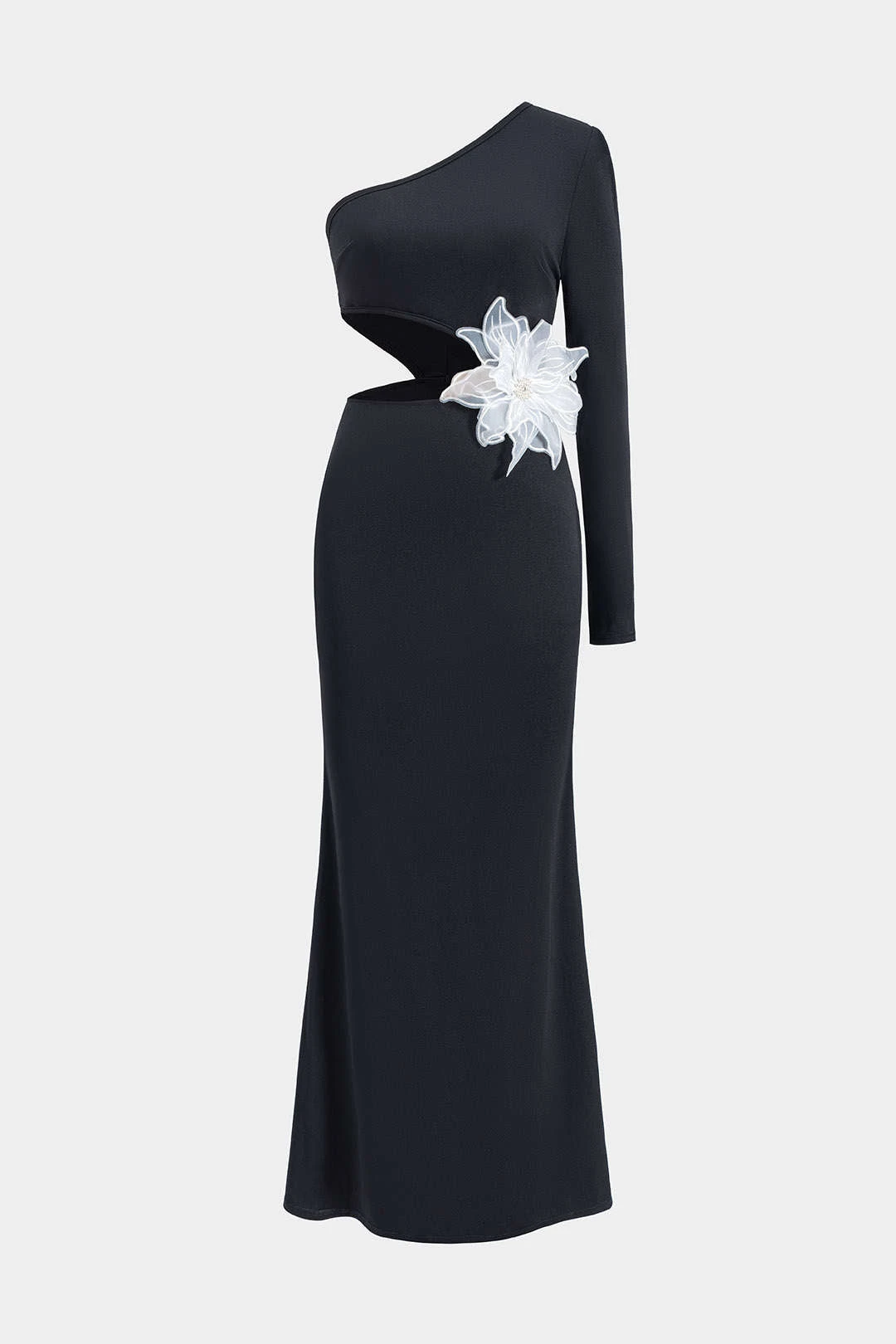 3D Floral Bead Ruched One Shoulder Zipper Long Sleeve Maxi Dress 1 3D Floral Bead Ruched One Shoulder Zipper Long Sleeve Maxi Dress