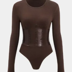 Patchwork Faux Leather Long Sleeve Bodysuit -Women's Clothing Store 58ce0835 25a4 40f3 a608 5e436f5cc803