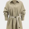 Ruched Button Pocket Belted Long Sleeve Mini Dress