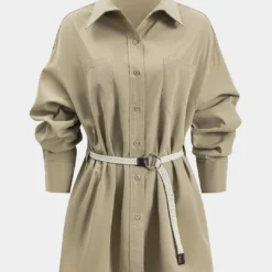 Ruched Button Pocket Belted Long Sleeve Mini Dress