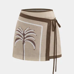 Coconut Palm Print Linen Asymmetrical Tie-Up Skirt