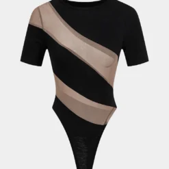 Mesh Patchwork Round Neck Short Sleeve Bodysuit