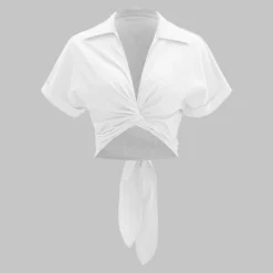 Linen Tie-Up V-Neck Ruched Short-Sleeve Shirt