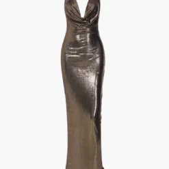 Metallic Cowl Neck Halter Backless Maxi Dress