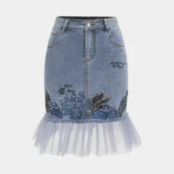 Denim Rhinestone Embroidery Mesh Patchwork Skirt