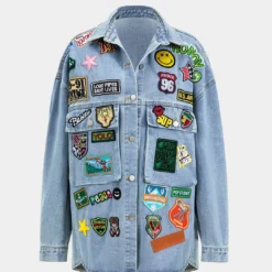 Denim Appliques Button Flap Pocket Long Sleeve Outerwear