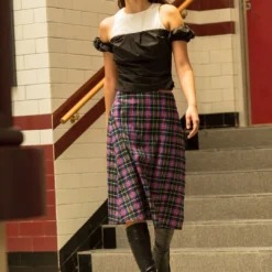 Plaid Cut Out Waist Midi Skirt