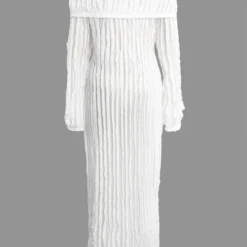 Off Shoulder Textured Button Up Slit Long Sleeve Maxi Dress -Women's Clothing Store 5e1c444f f4be 4d89 90f6 7336684d0f5e