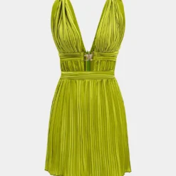 Satin Pleated V-Neck Sleeveless Mini Dress