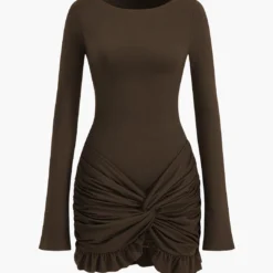 Solid Ruffle Ruched Twist Long Sleeve Mini Dress -Women's Clothing Store 5ef9ab9f 9da1 4000 94d1 8c3035988526