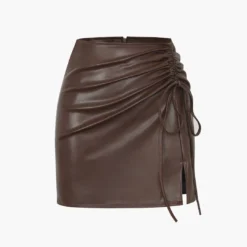 Drawstring Slit Leather Mini Skirt