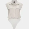 Linen Pocket Patchwork Button Short Sleeve Bodysuit