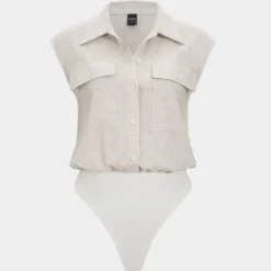 Linen Pocket Patchwork Button Short Sleeve Bodysuit