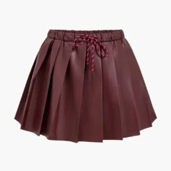 Solid Faux Leather Pleated High Waist Tie-Up Skirt