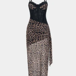 Leopard Print Bustier Lace Slip Sleeveless Maxi Dress