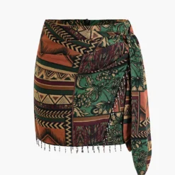 Ethnic Pattern Beaded Fringe Mini Skirt