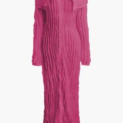 Off Shoulder Textured Button Up Slit Long Sleeve Maxi Dress