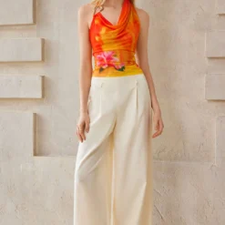 Floral Print Mesh Asymmetrical Ruched Cami Top -Women's Clothing Store 648fa8d8 b3fd 4db6 b620 c7b58fcc4f6b