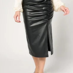 Faux Leather High Waist Side Slit Ruched Skirt