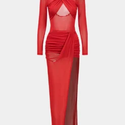 Mesh Sheer Crossed Long Sleeve Midi Dress