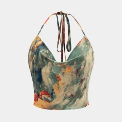 Abstract Tie Dye Print Satin Cowl Neck Tie-Up Cami Top