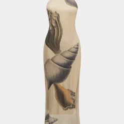 Tropical Shell Print Mesh Backless Tie Up Sleeveless Maxi Dress