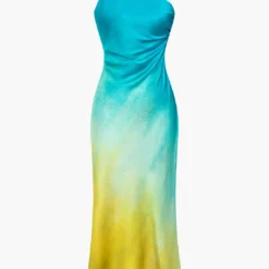 Ombre Print Satin Asymmetrical Maxi Dress