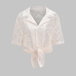 Cut Out Sheer Lace Short-Sleeve Shirt