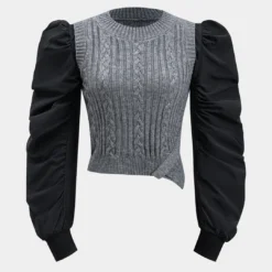Knit Ruched Patchwork Long-Sleeve Top