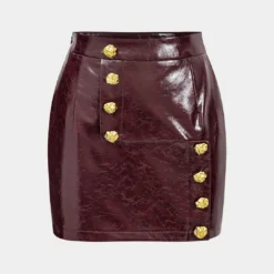 Faux Leather High Waist Metallic Button Skirt
