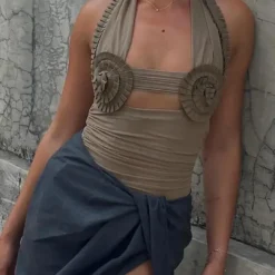Pleated Mesh Halter Tank Top