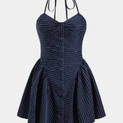 Stripes Button Halter Neck Backless Mini Dress