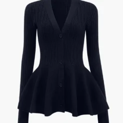 Solid V-neck Puff Hem Sweater Cardigan