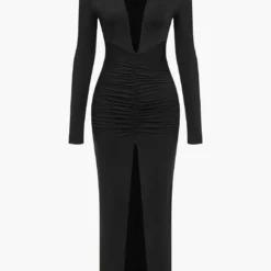 Ruched V-Neck Long Sleeve Maxi Dress