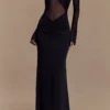 Crossed Mesh Sheer V-Neck Long Sleeve Maxi Dress