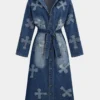 Embroidery Denim Long Coat Belted Outerwear