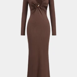 Metallic Beaded Cut Out Asymmetry Neck Long Sleeve Maxi Dress