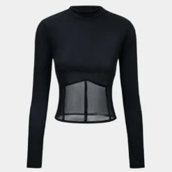 Mesh Patchwork Corset Round Neck Long-Sleeve Top -Women's Clothing Store 6e4a4370 f80e 47f7 8d1f 14ef0ba5642a