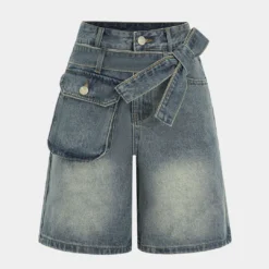Denim Pocket Belt Asymmetrical Shorts