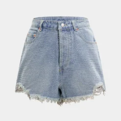 Denim Ripped Frayed Rhinestone High Waist Shorts