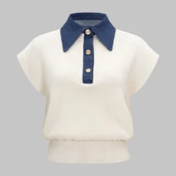 Knit Button Patchwork Short-Sleeve Top