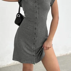 Solid Color A-Line Button Short Sleeve Mini Dress -Women's Clothing Store 6f77ce8d 32fb 4bc1 9bdc 822222763afc