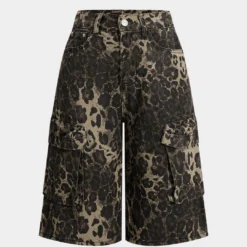 Denim Leopard Print Pocket Straight Leg Shorts