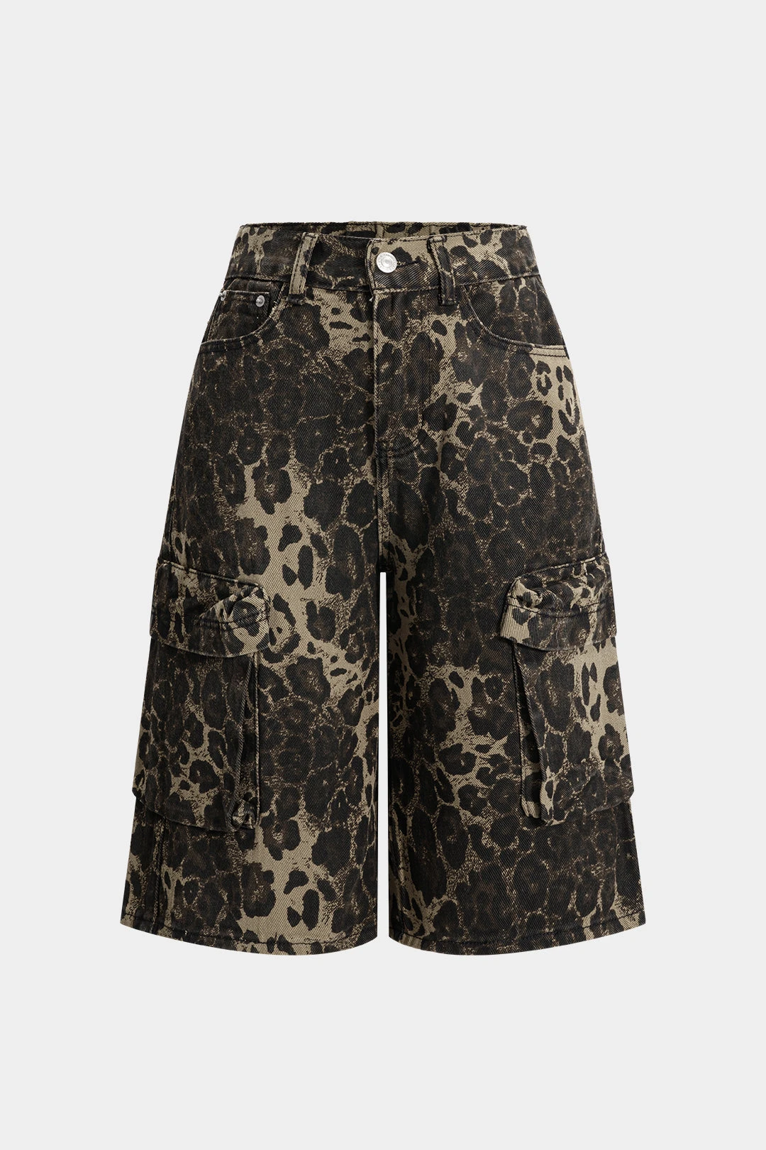 Denim Leopard Print Pocket Straight Leg Shorts 1 Denim Leopard Print Pocket Straight Leg Shorts