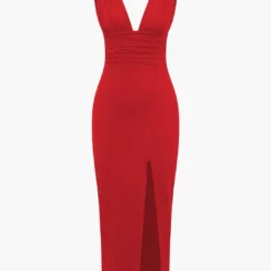 Solid Backless Ruched Slit Midi Dress -Women's Clothing Store 6fca7c89 4ac5 419a 9752 815542a65e7f