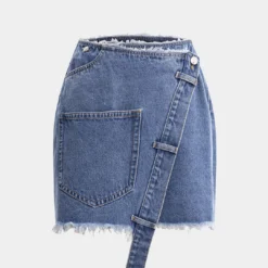 Denim Asymmetrical Pocket Frayed Skirt
