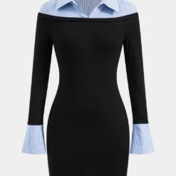 Stripes Print Patchwork Long Sleeve Mini Dress